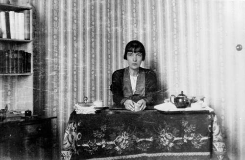 Katherine Mansfield at her work table, tea tray bes…rary 1-2-011985-F  .jpg